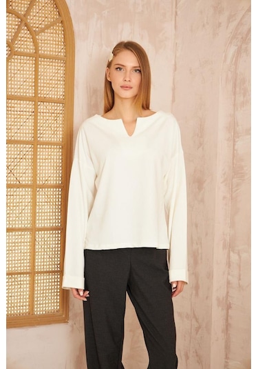 Kadın Ekstra Uzun Duble Kol / Yakası Yırtmaçlı Salaş Sweatshirt Bluz 3470190 Beyaz