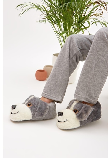 Gri Hayvanlı Sessiz Taban Panduf Sevimli Köpek Figürlü Peluş Ev Ayakkabısı Gri