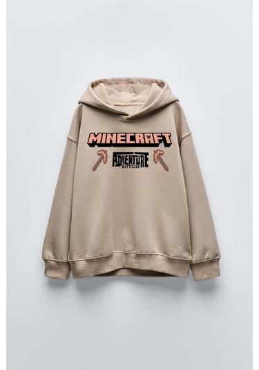 Erkek Çocuk Mınecraft Modelli Kol Manşetli Pamuk Kapşonlu Sweat Bej