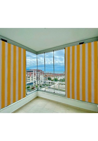 Ceylan Home Balkon Perdesi Kuş Gözü Ölçü Seçenekli Sarı Beyaz Çizgili Sarı