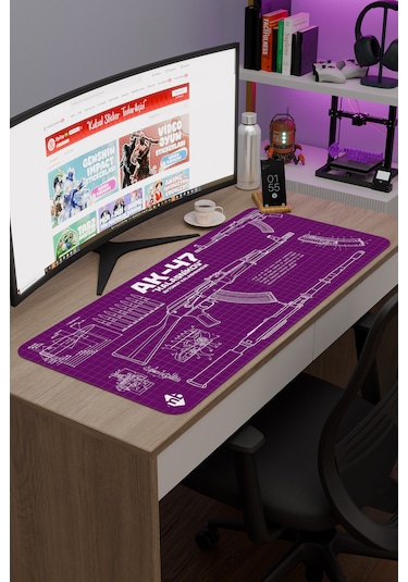 Ak 47 Siyah Kalaşnikov Cs Dikişli Kauçuk Oyuncu Mousepad - 90x40 Gaming Mouse Pad Ak-47 Mor