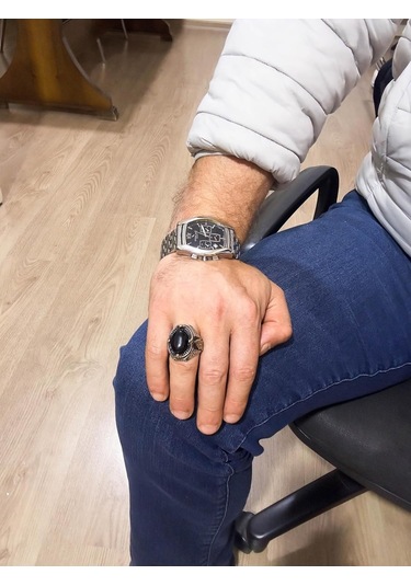 Gerçek Doğal Oniks Taş Yüzük - 925 Ayar Sert Gümüş Erkek Yüzüğü Gümüş