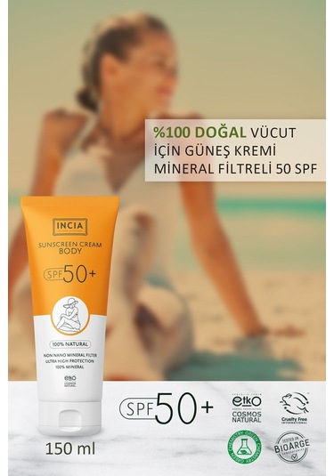 INCIA %100 Doğal Vücut Güneş Kremi Leke Karşıtı Mineral Filtreli Yüksek Koruma SPF 50+ UVA UVB 150 ML