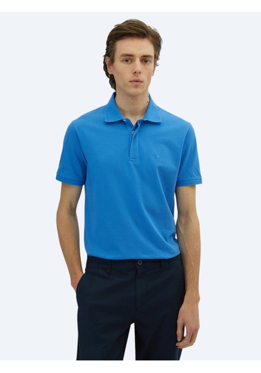 Saks Düz Polo Yaka %100 Pamuk T-shirt Saks