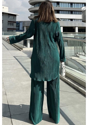 Kadın Zümrüt Yeşil Uzun Tunik Gömlek & Beli Lastikli, Bol Paça Pantolon - Salaş Bürümcük Takım Zümrüt Yeşili