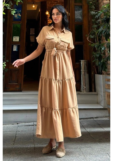 Camel Pliseli Cepli Maxi Kupra Elbise Taş