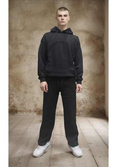 Black Steel Oversize Kalıp Pamuklu Erkek Eşofman Takımı Siyah
