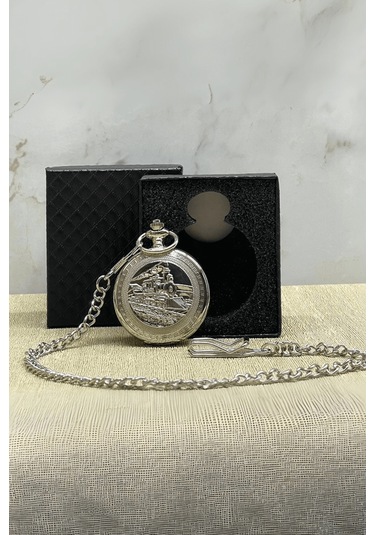 Büro Ev Ofis Hediyesi İçin Kutulu Silver Tren Figür Köstekli Saat