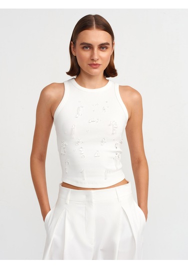 Dilvin Boncuk İşlemeli Fitilli Atlet Beyaz