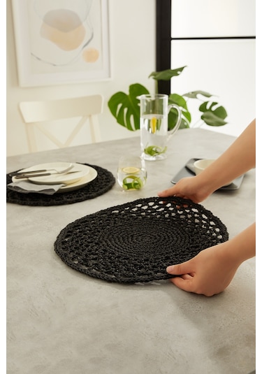 Ocean Home Textile 2 Adet Siyah Rafya Sofra Sunum Tabak Altlığı Supla Amerikan Servisi  36 x 36 CM Siyah