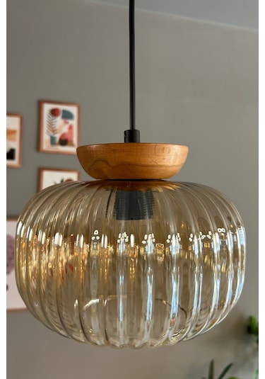 Mola Cam Bal Rengi Tekli Avize Tabak Ahşap Başlık Retro Sarkıt Lamba Restoran Salon Aydınlatma Bal