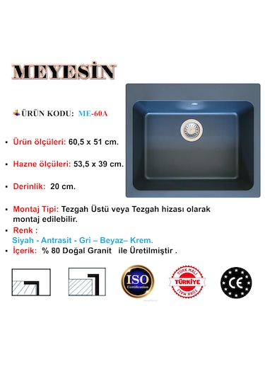 Meyesin ME-60A Granit Tek Göz Mutfak Evyesi Antrasit 50 x 60 CM