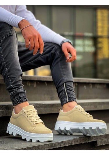 Kb-056 Kuback Bej Süet Beyaz Yüksek Taban Günlük Spor Ayakkabı Beyaz