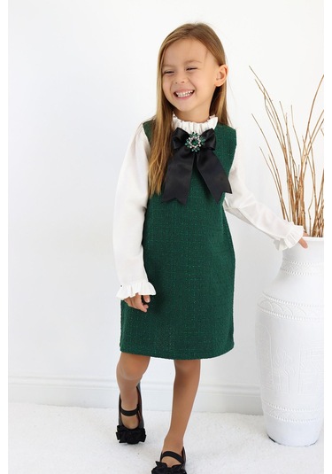 Kız Çocuk Vanessa Broş Detaylı Tüvit Zümrüt Uzun Kollu Elbise