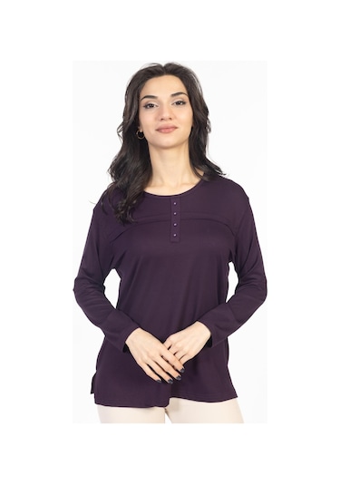 Yeni Sezon 2024 Sade Desen Yuvarlak Yaka Likralı Anne Penye Bluz 6484-mürdüm Mürdüm