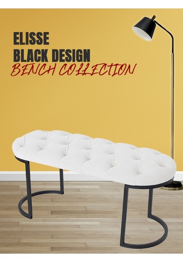 Elısse Black Puf - Metal Ayaklı Kapitoneli Model Puf, Beyaz Bench