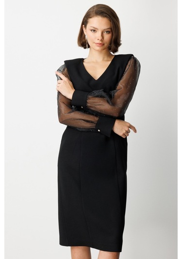 Ekol Kadın Kolları Taşlı V Yaka Midi Elbise 4025 Siyah Siyah