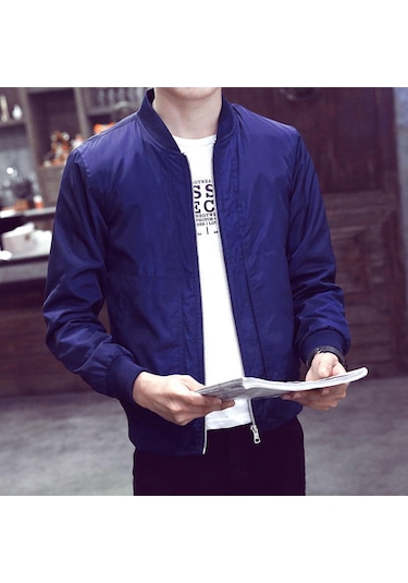 Varış İlkbahar Sonbahar Erkek Ceketler Katı Moda Mont Erkek Rahat Ince Standı Yaka Lacivert Mavi Lacivert - Mavi
