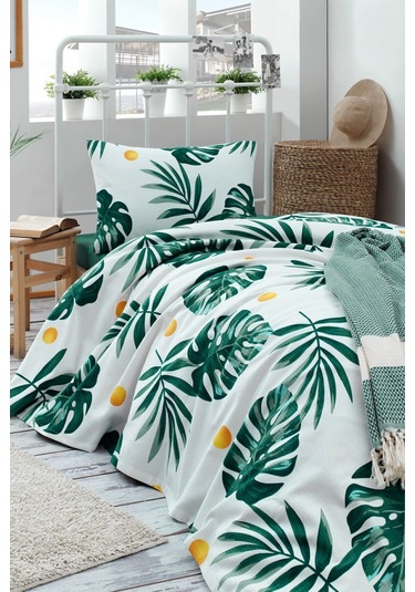 Tek Kişilik Doğal Pike Baskılı Monstera Yeşil Yeşil