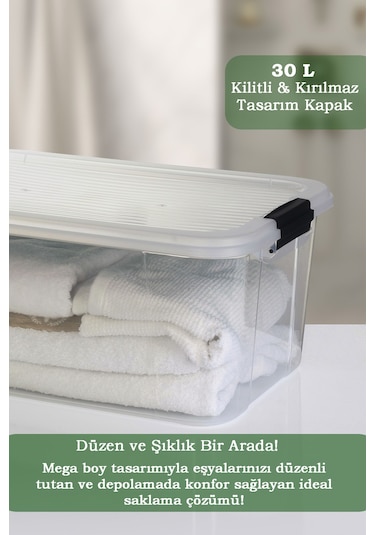 30 Lt Multibox Saklama Kabı - Kilitli Kapaklı Çok Amaçlı Düzenleyici Kiler Depolama Saklama Kutusu Şeffaf
