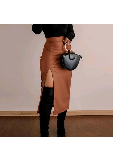 Vonda Kadın Modası Düz Renk Yırtmaçlı Düz Etekler Turuncu Vonda Kadın Modası Düz Renk Yırtmaçlı Düz Etekler Turuncu