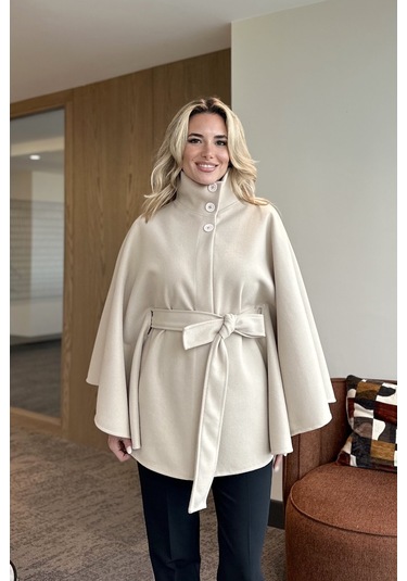 Krem Düğmeli Kuşaklı Kaşe Panço - 2055 Krem