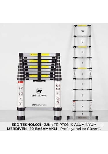 10 Basamaklı 2,9mt Uzayan Tek Yönlü Teleskopik Alüminyum Merdiven 290cm