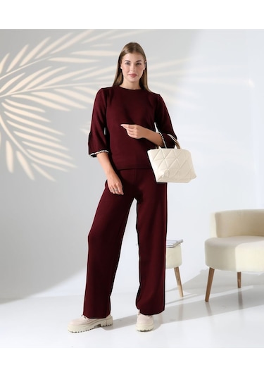 İnci Volanlı Kol Detaylı Triko Takım Bordo