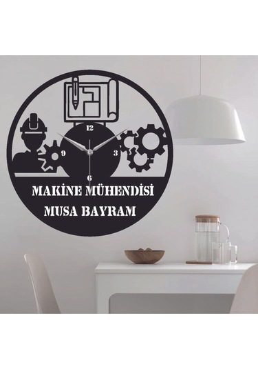 Makine Mühendisi Temalı Ahşap Duvar Saati Siyah