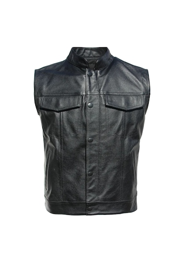 Hakiki Deri Motorcu Tarzı Yelek Siyah Renk Cepleri Fermuarlı