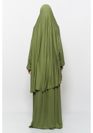 Pratik 2 Parça Pamuklu Yarasa Kollu Başörtülü Tesettür Namaz Elbisesi Fıstık Yeşili Antrasit