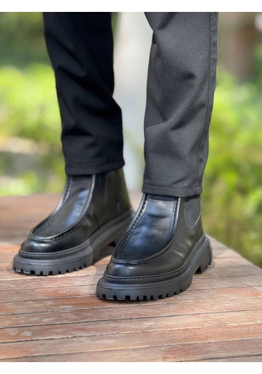 Pabucmarketi Fermuarlı Erkek Düz Bot Siyah Cilt Çok Renkli