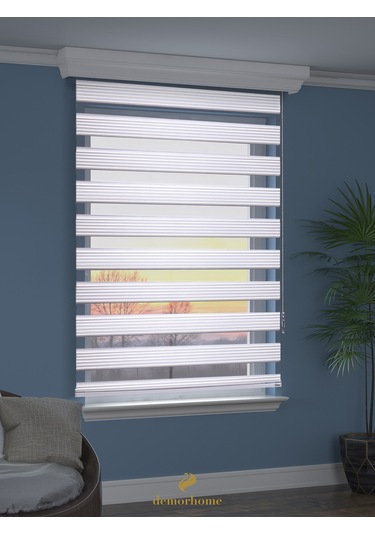 Br Demor Home Geniş Pliseli Beyaz Zebra Stor Güneşlik Perde Metal Kasa Beyaz