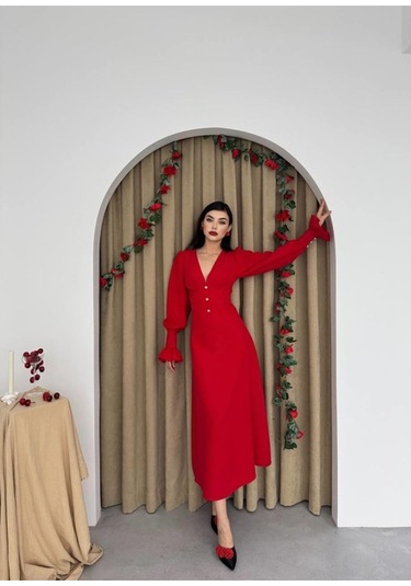 Meta Düğme Detaylı Elbise Altın