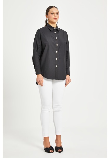 Kadın %100 Koton Oversize Gömlek Taş Düğme Detaylı Uzun Kollu Şık Model Siyah