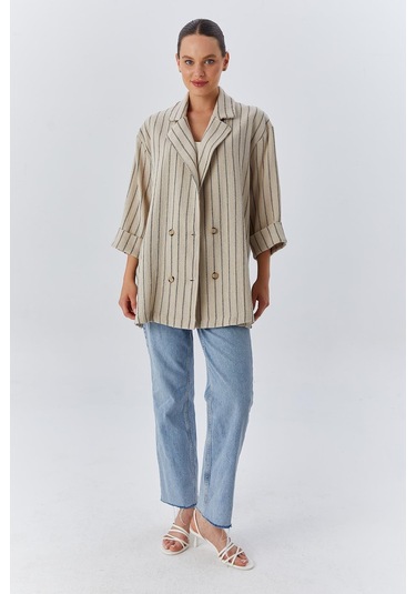 4550 Kadın Yanları Yırtmaçlı Keten Uzun Ceket Naturel Naturel