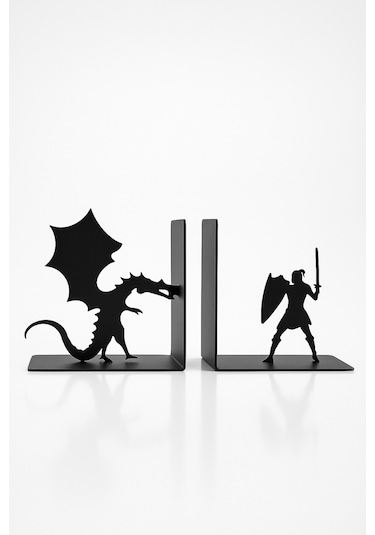 Ejderha Ve Savaşçı Figürlü Metal Kitap Tutucu 2 Li Set Fantastik Dekoratif Kitaplık Aksesuarı