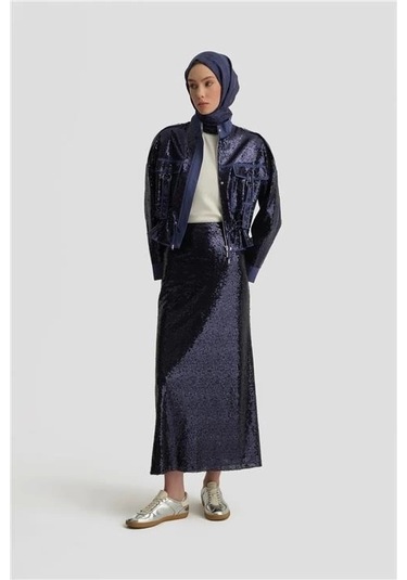 Armine Kumaş Mixli Payetli Ceket 25y5916 Puslu Mor Mavi