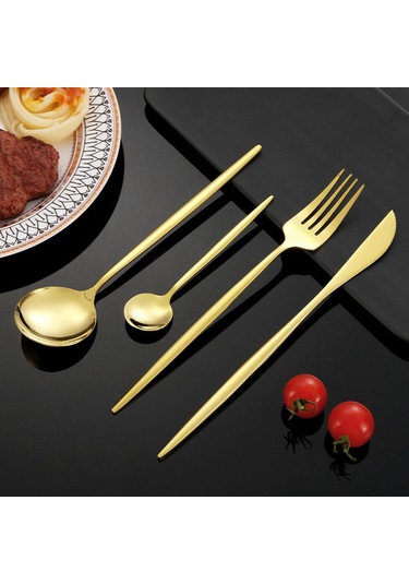 12 Parça Sofra Takımı Kaşık Bıçak Çatal Parlak 410 Paslanmaz Çelik Çatal Bıçak Takımı Ev Restoran İçin Altın