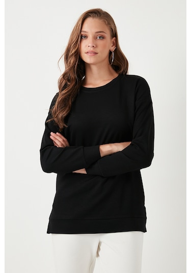 Lela Streç Oversize Fit Bisiklet Yaka Modal Kumaş Bayan Sweat 5865877 Siyah