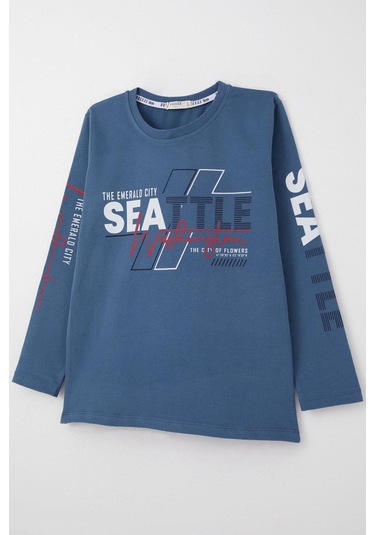 Breeze Erkek Çocuk Uzun Kollu Tişört Renkli Yazı Baskılı 6-12 Yaş, İndigo Indigo