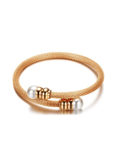 Novahub Gül Altın Kablo Üç Renkli İmitasyon İnci Titanyum Çelik Bileklik Moda Ins Kadın Elastik Bileklik Çok Renkli Çok Renkli