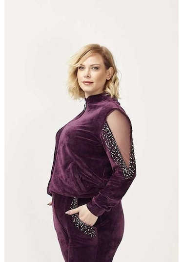 1950 Kolları Taşlı Tam Kalıp Tarz Kadife Büyük Beden Eşofman Takım Mürdüm Mürdüm