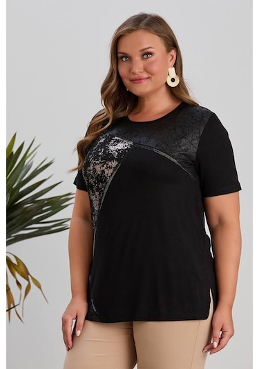 Wearon Kadın Yezra Deri Varak Taş Detaylı Penye Siyah Tişört Siyah