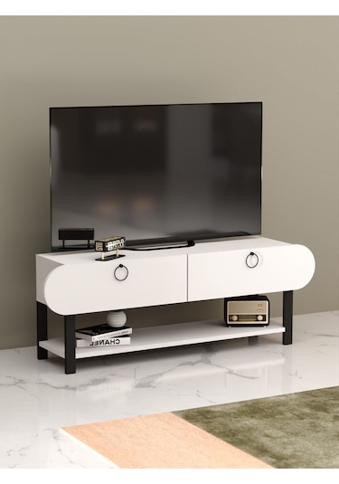 Tv Sehpası Tv Ünitesi Kapaklı Raflı Setro Beyaz Beyaz