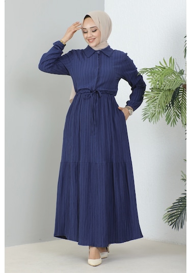 Lara Kumaş Yarım Düğmeli Kadın Elbise - Lacivert / E0121 Lacivert