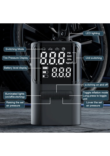 Reedark Siyah Akıllı Araç Zihniyet Pompası: Li-pil Dahili, Baskı Öngörü, Otomatik Durdurma, Led Işık, 4 Farklı Uç, 150psı Maksimum