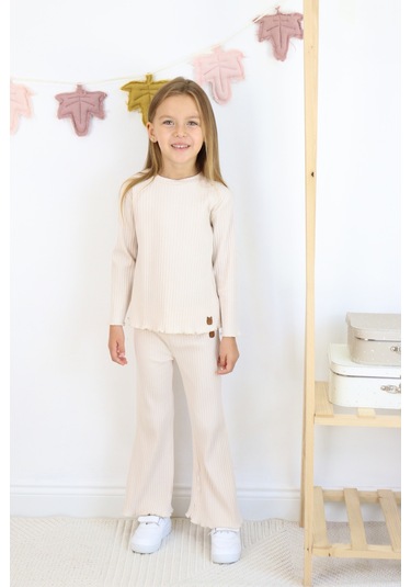 Kız Çocuk İspanyol Paça Fitilli Kumaş Pamuklu Takım Ekru