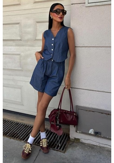 Gümüş Düğmeli Yelek Ve Şort Tensel Takım 10174 Koyumavi