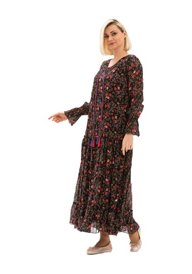 Uzun Kol Vual Gonca Uzun Elbise Tomurcuk Desen Siyah 6162-siyah Siyah